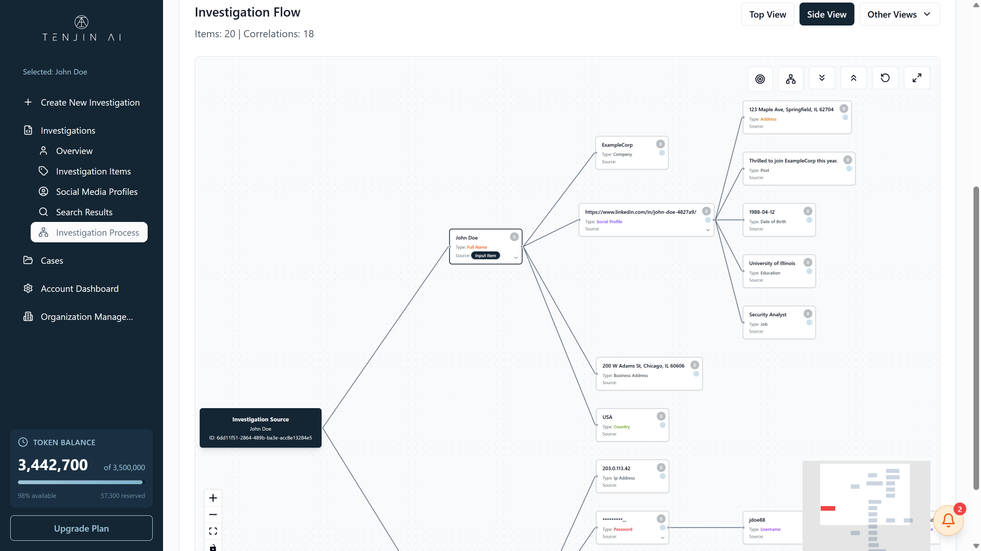 Tenjin Investigation Flow showing how the platform maps connections between investigation targets
